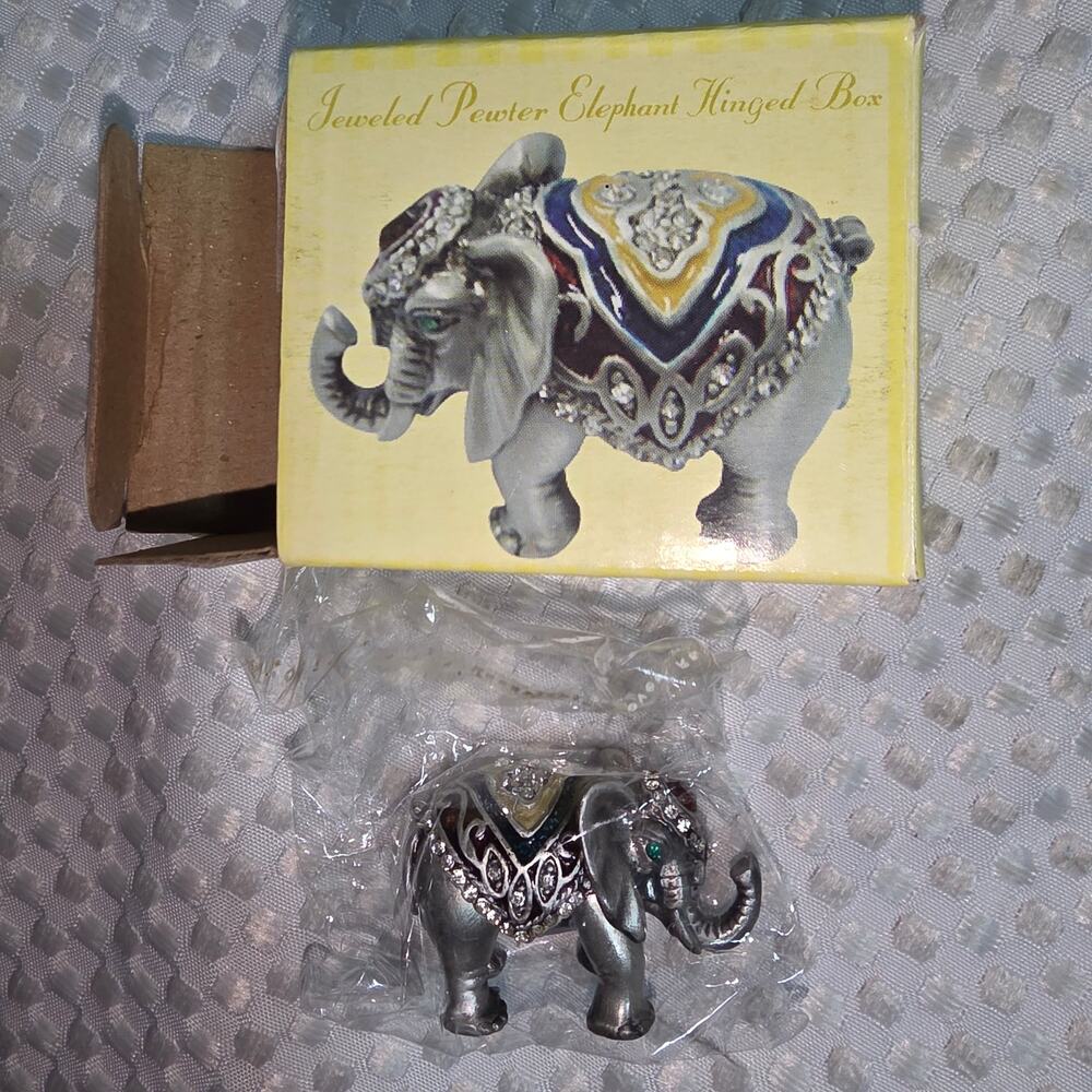 CHERESHED TREASURES JEWELED PEWTER ELEPHANT HINGED TRINKET BOX